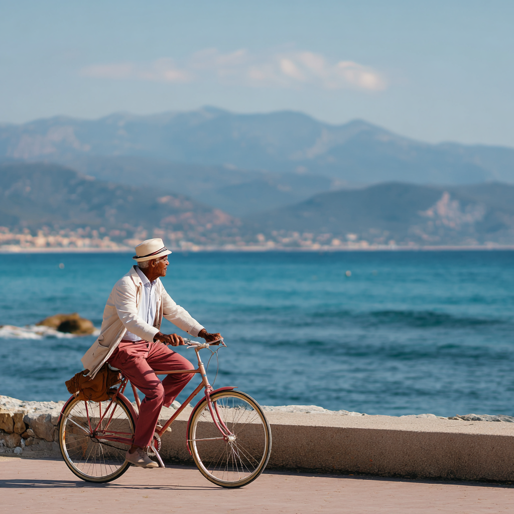 Älterer Mann fährt Fahrrad an der Meeresküste bei klarem Himmel.