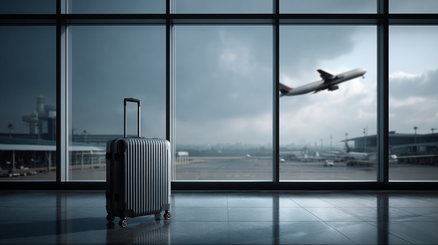 Ein schwarzer Rollkoffer steht vor einem großen Fenster in einem Flughafen. Im Hintergrund fliegt ein Flugzeug am Himmel vorbei, Hinweise auf einen Flughafen.