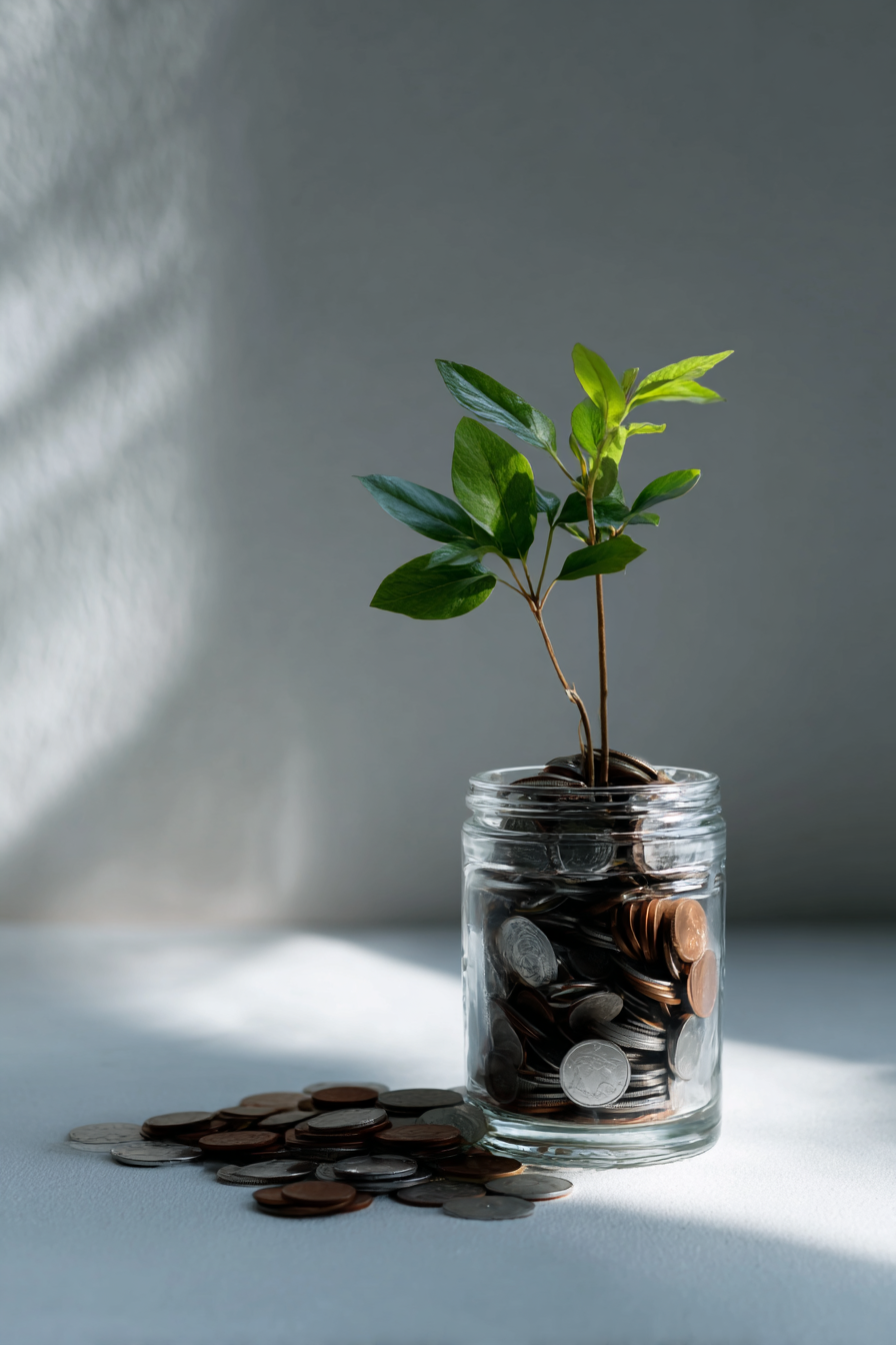 Glas mit Münzen, aus dem eine Pflanze mit grünen Blättern wächst, auf einem weißen Tisch, mit Sonnenlicht und Schatten im Hintergrund.