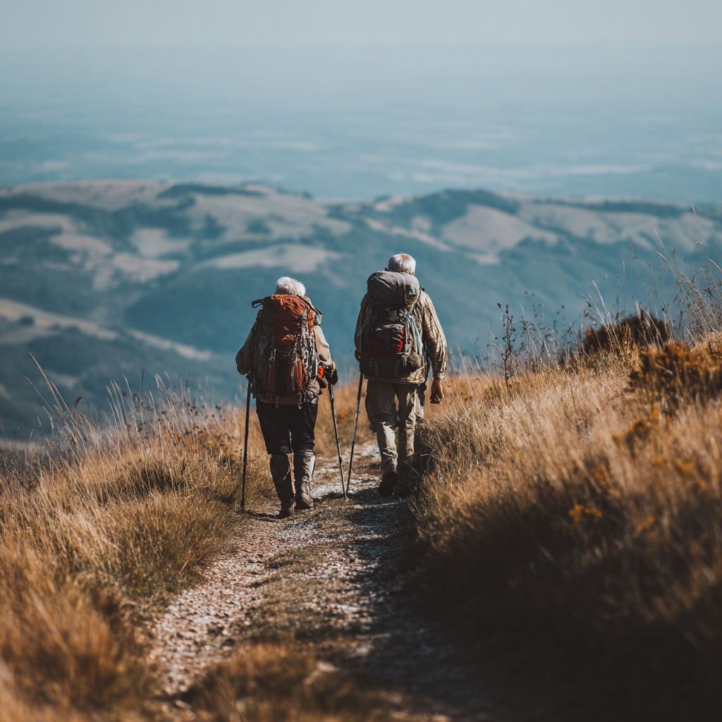 Zwei ältere Wanderer mit Rucksäcken und Wanderstöcken gehen auf einem Pfad in den Bergen. Die Landschaft ist geprägt von trockenen Gräsern und weitem Blick auf die Hügel im Hintergrund.