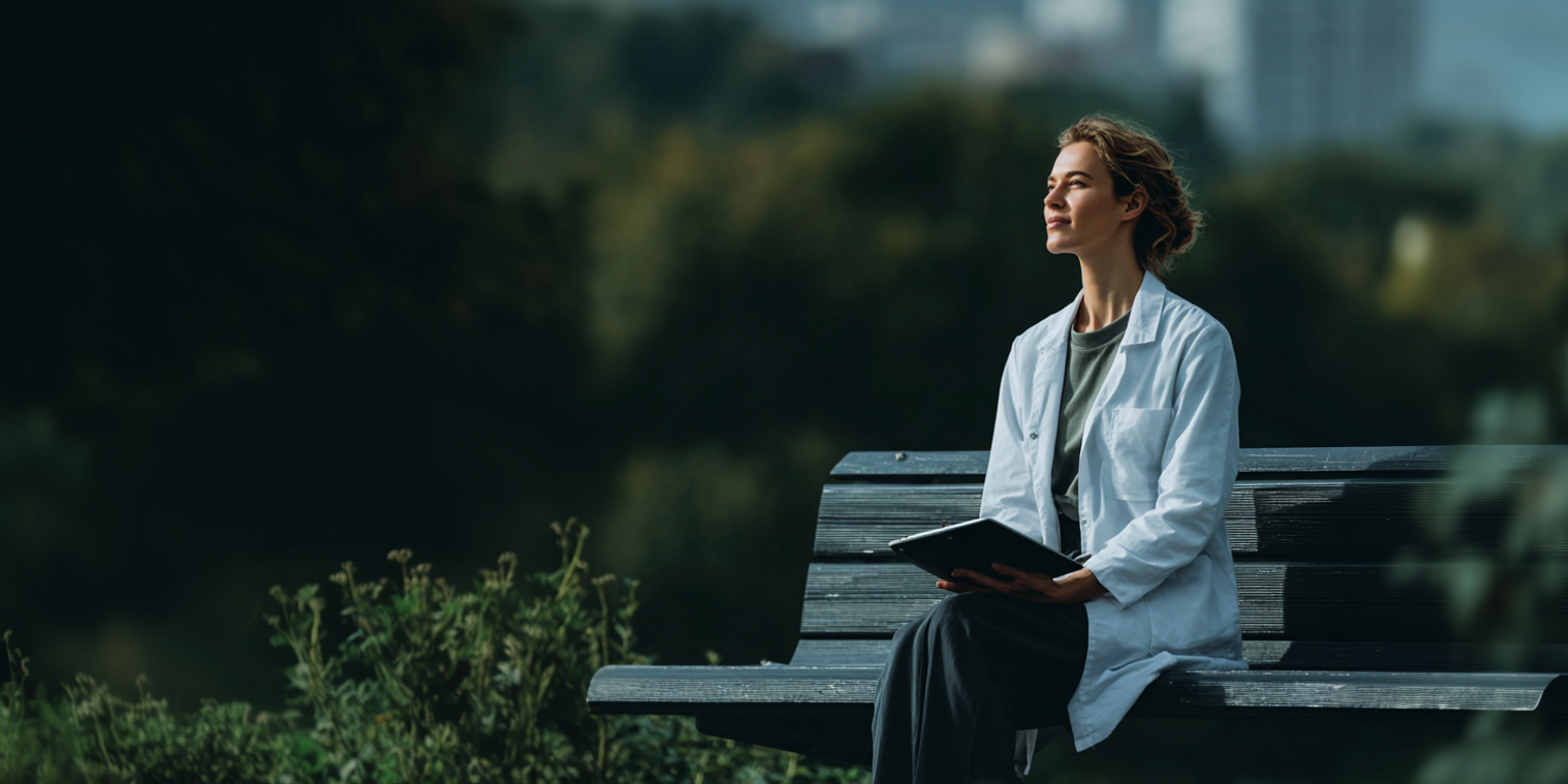 Junge Apothekerin sitzt auf einer Parkbank im Freien, hält Ihre Tablet mit digitalem Altersvorsorgeplan und blickt nach rechts in die Ferne, sonniger Tag, unscharfer grüner Hintergrund.