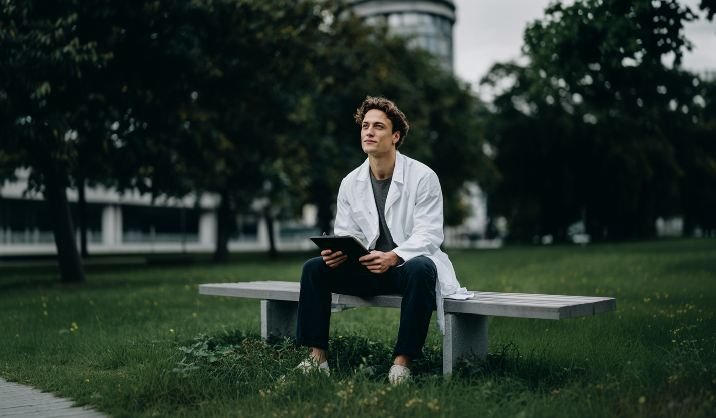 Ein junger Apotheker sitzt auf einer Parkbank im Freien, hält ein Tablet mit seinem digitalen Altersvorsrogeplan und schaut nachdenklich in die Ferne, umgeben von Bäumen und Grünflächen.