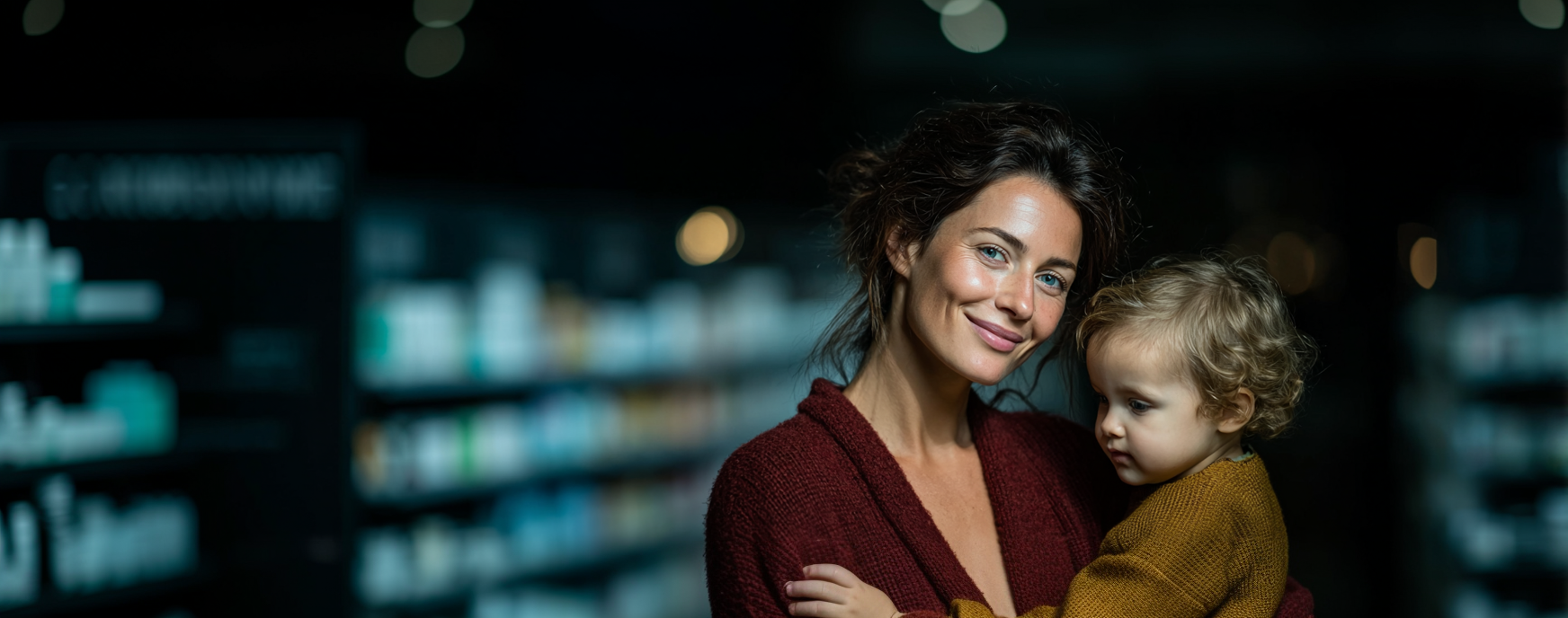Mutter hält ein kleines Kind in einer Apotheke beide lächeln. Hintergrund mit Regalen voller Medikamente, schwaches Licht.