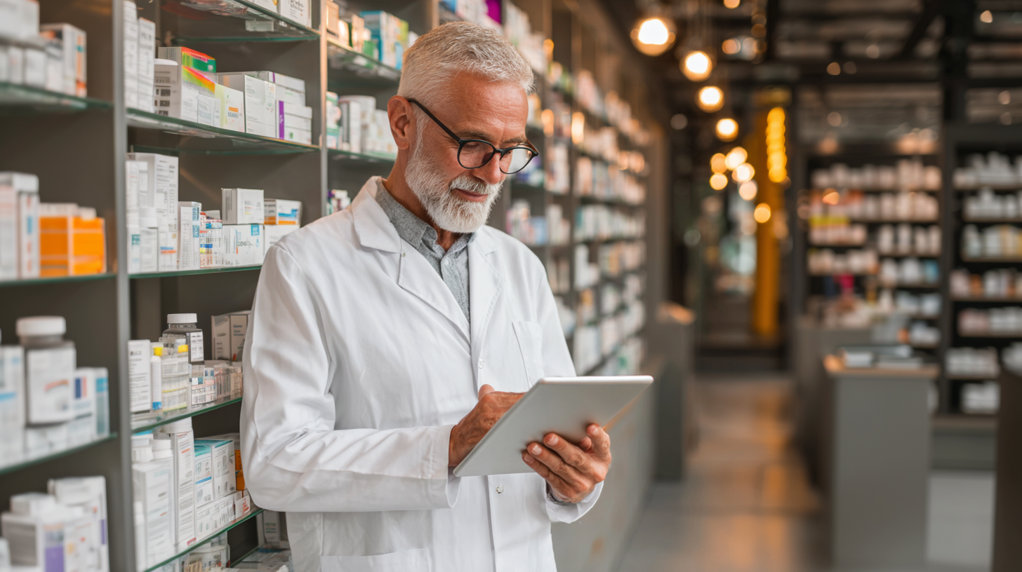 Ein männlicher Apotheker in Weiß steht in einer Apotheke, schaut auf ein Tablet und liest seinen Altersvorsorgeplan. Er ist umgeben von Regalen mit Medikamenten.