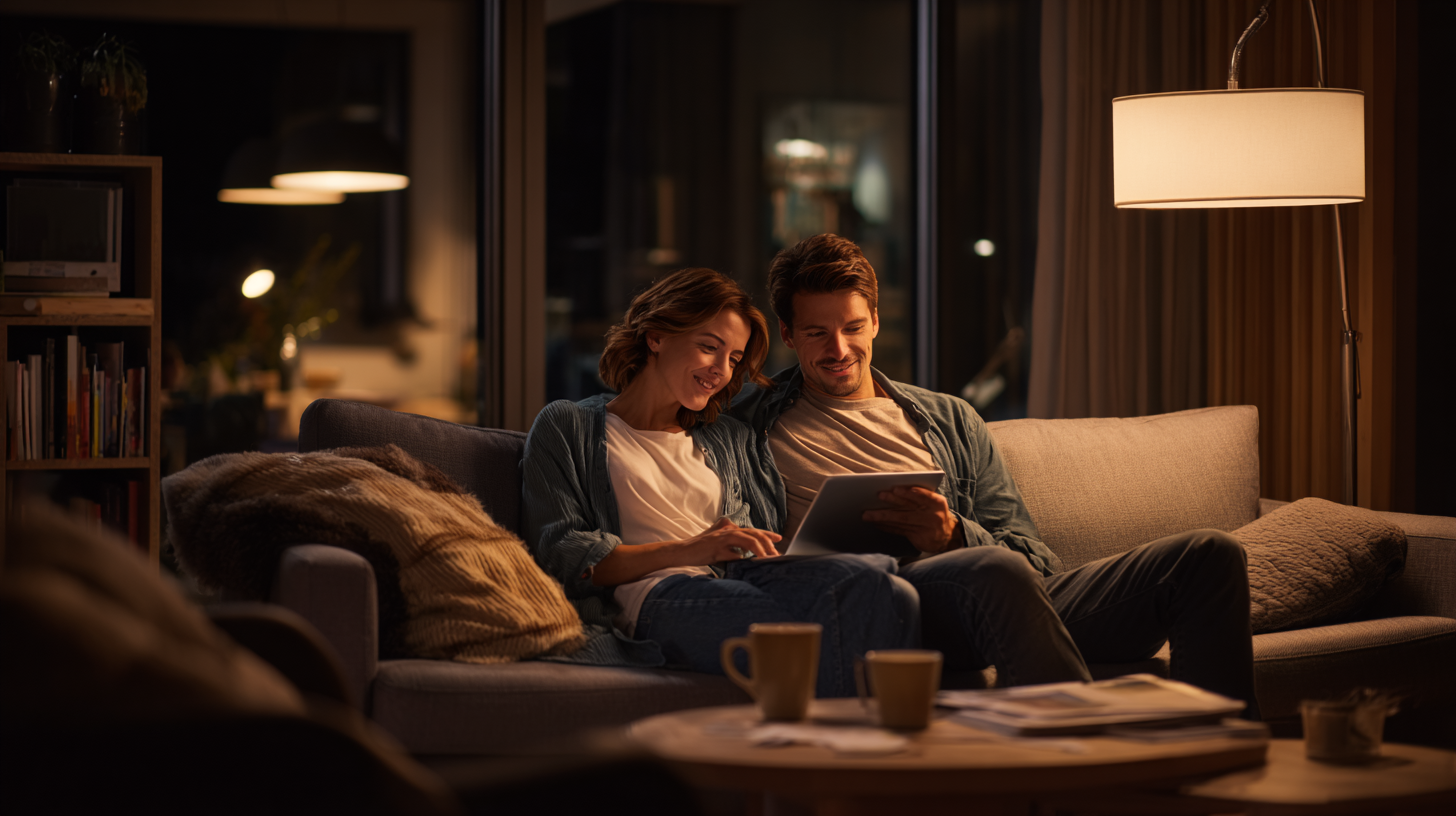 Zwei Menschen sitzen abends auf einem Sofa in einer warm beleuchteten Wohnung und schauen gemeinsam auf ein Tablet ein online Seminar der Pharmakademie..