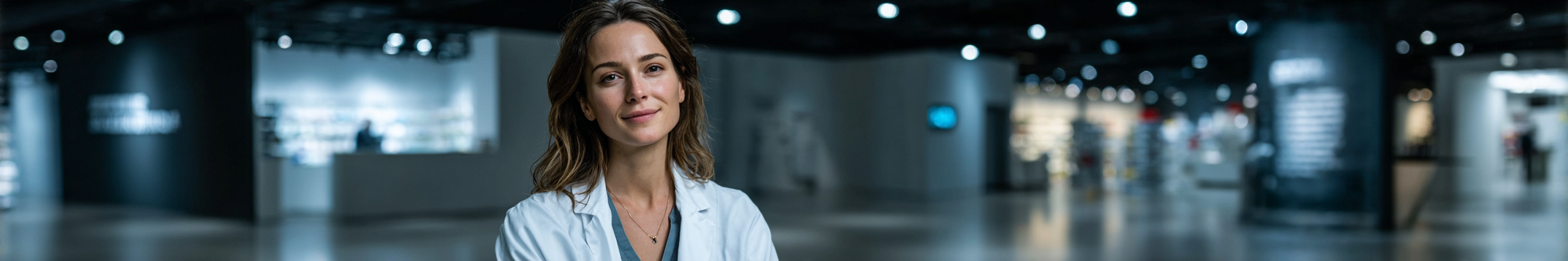 Eine Frau in einem weißen Laborkittel in einer modernen, hell erleuchteten Klinik oder medizinischen Einrichtung.