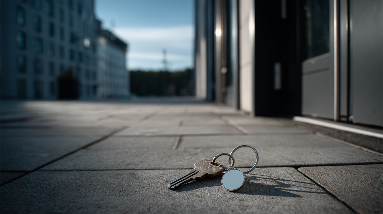 Schlüssel mit einem runden Anhänger liegen auf einer Gehwegfliese in der Nähe eines Gebäudes.