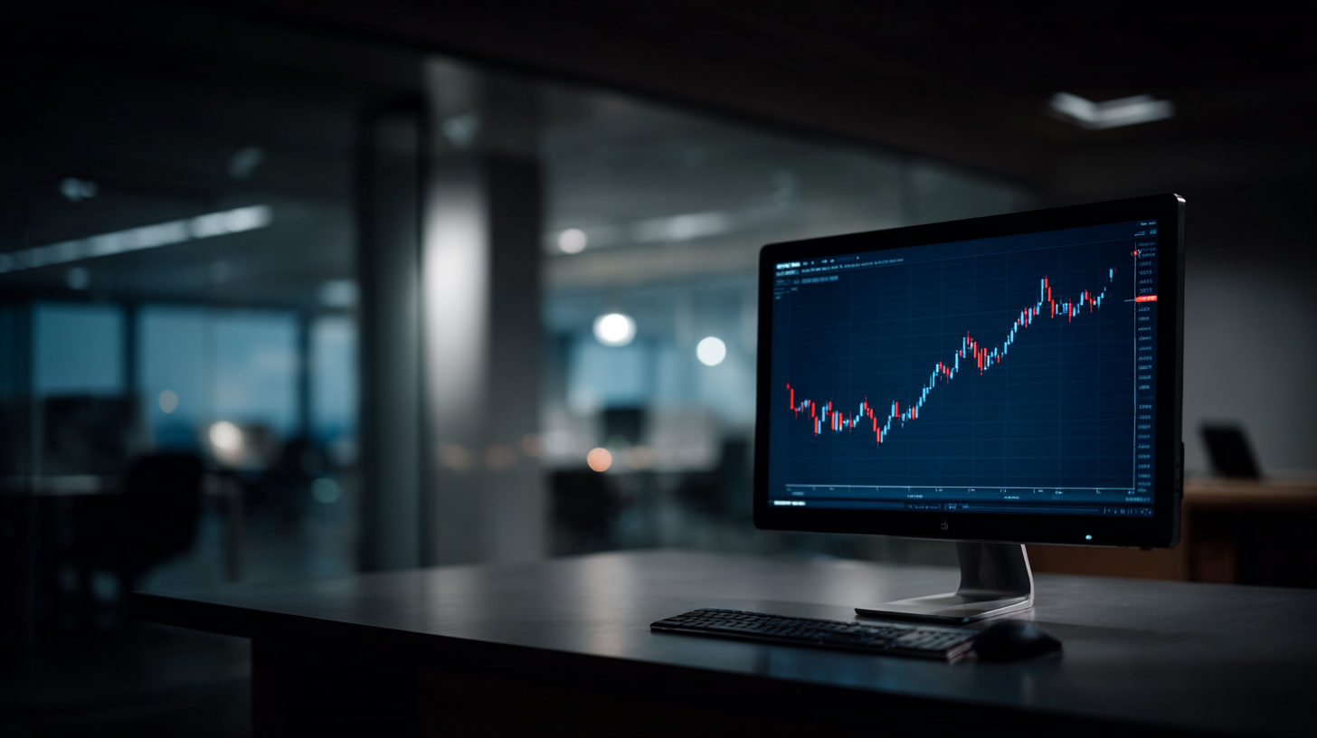 Computerbildschirm zeigt einen aufsteigenden ETF-Kurs in einem dunklen Büro mit Soft-Licht.