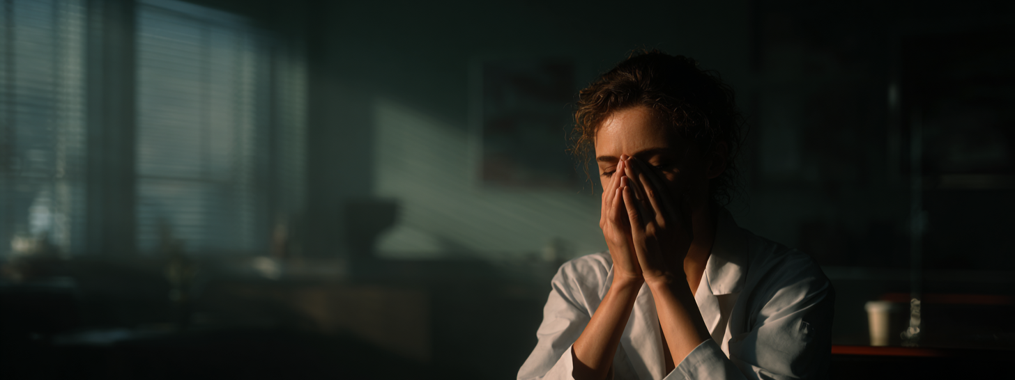 Frau in einem weißen Hemd sitzt in einem dunklen Raum und hält sich die Hände vor das Gesicht, was auf eine stressige oder emotionale Situation hinweisen könnte.