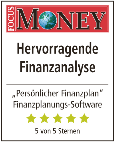 Werbeanzeige für Focus Money mit Bewertung 5 Sterne für Finanzanalyse-Software.