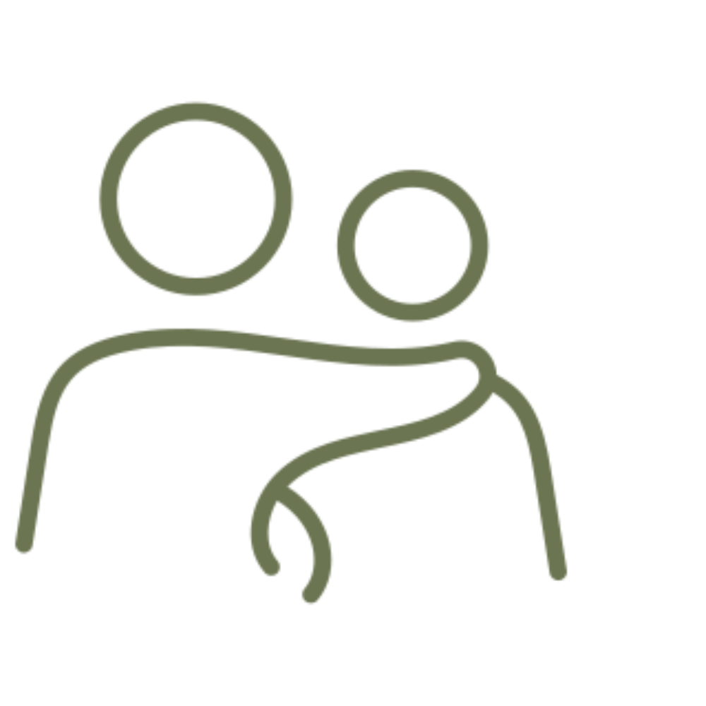 Minimalist line drawing of two people, one with an arm around the other's shoulder, representing friendship or companionship.