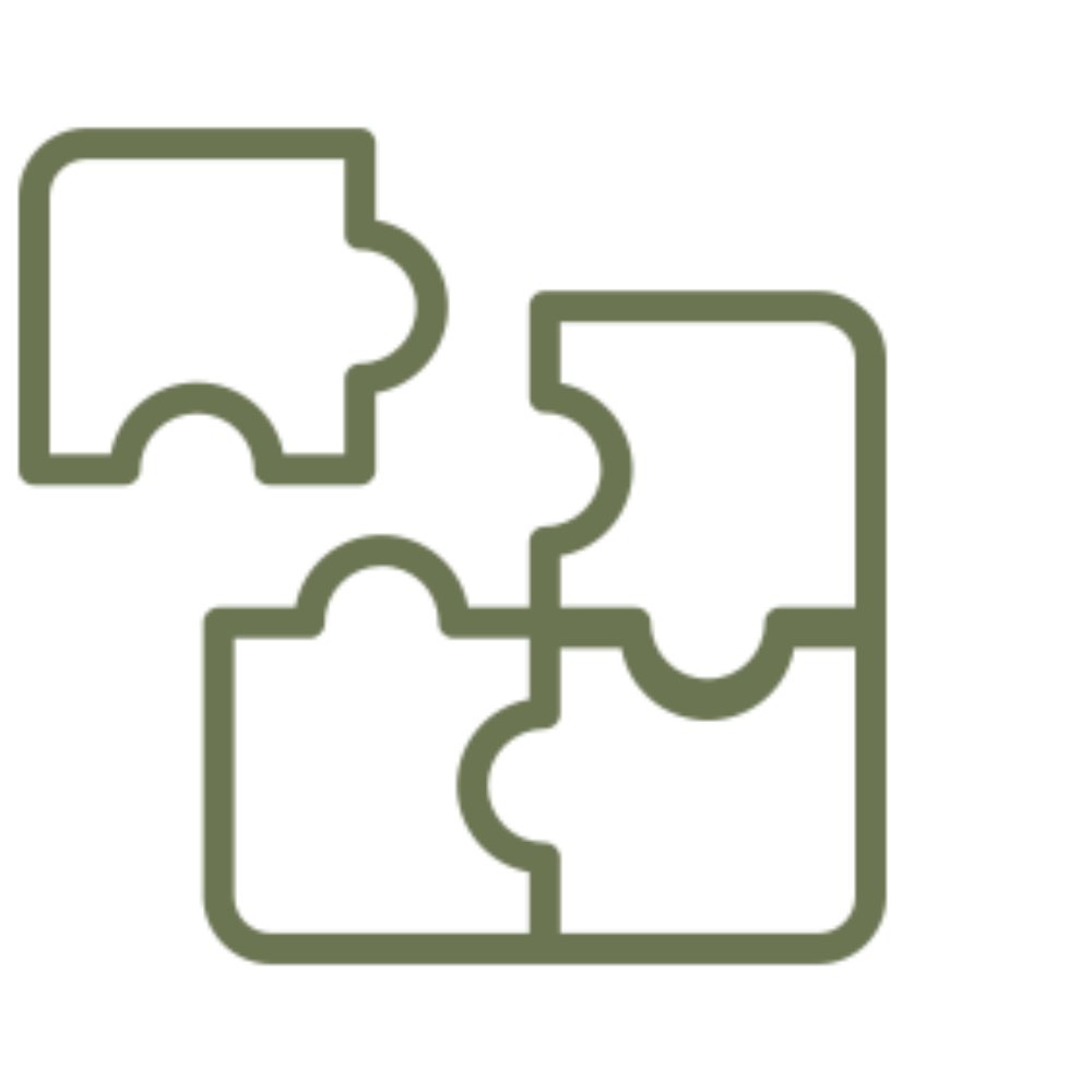 Four interlocking puzzle pieces arranged squarely, representing connectedness or problem solving.