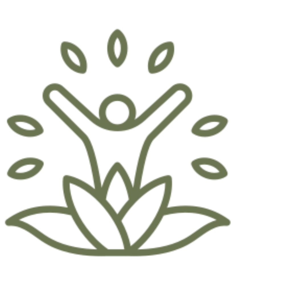 Green line drawing of a person with arms raised surrounded by leaf shapes.