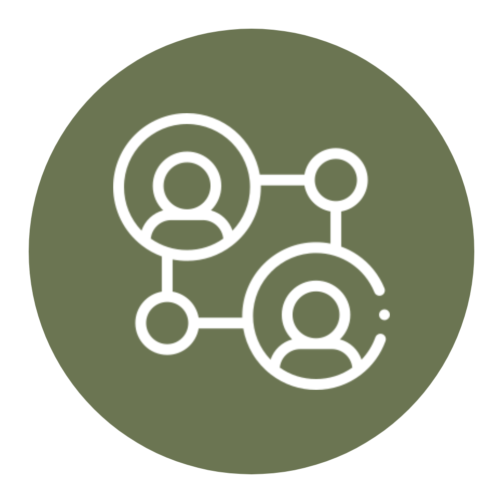 Icon of two connected user profiles, representing networking or social connection.