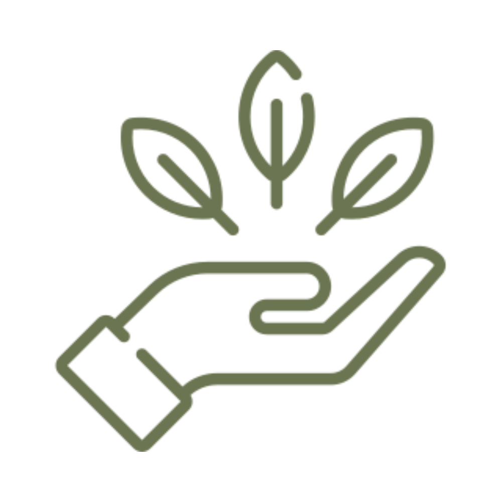 A simple line drawing of a hand holding a plant with three leaves.