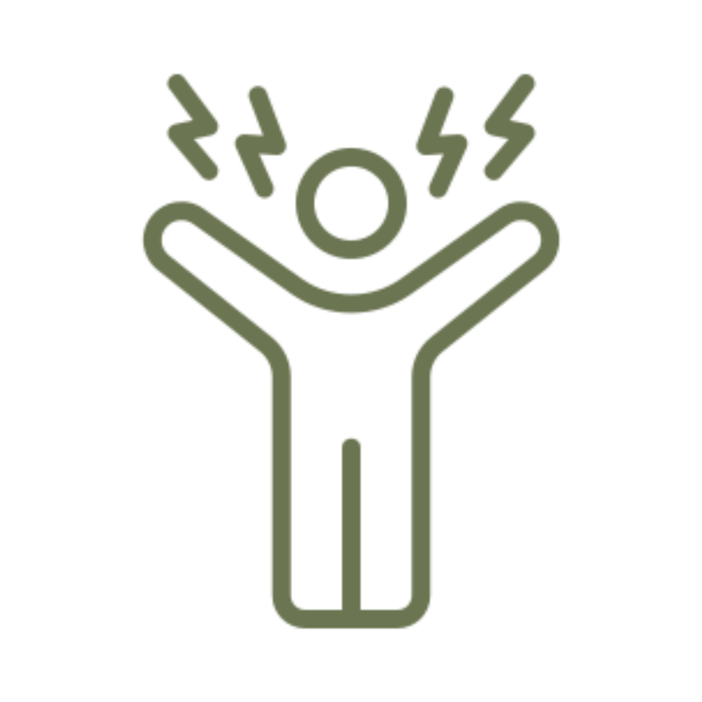 Line drawing of a human hand with a centered circle and three wavy lines above, representing a person experiencing a headache or migraine.