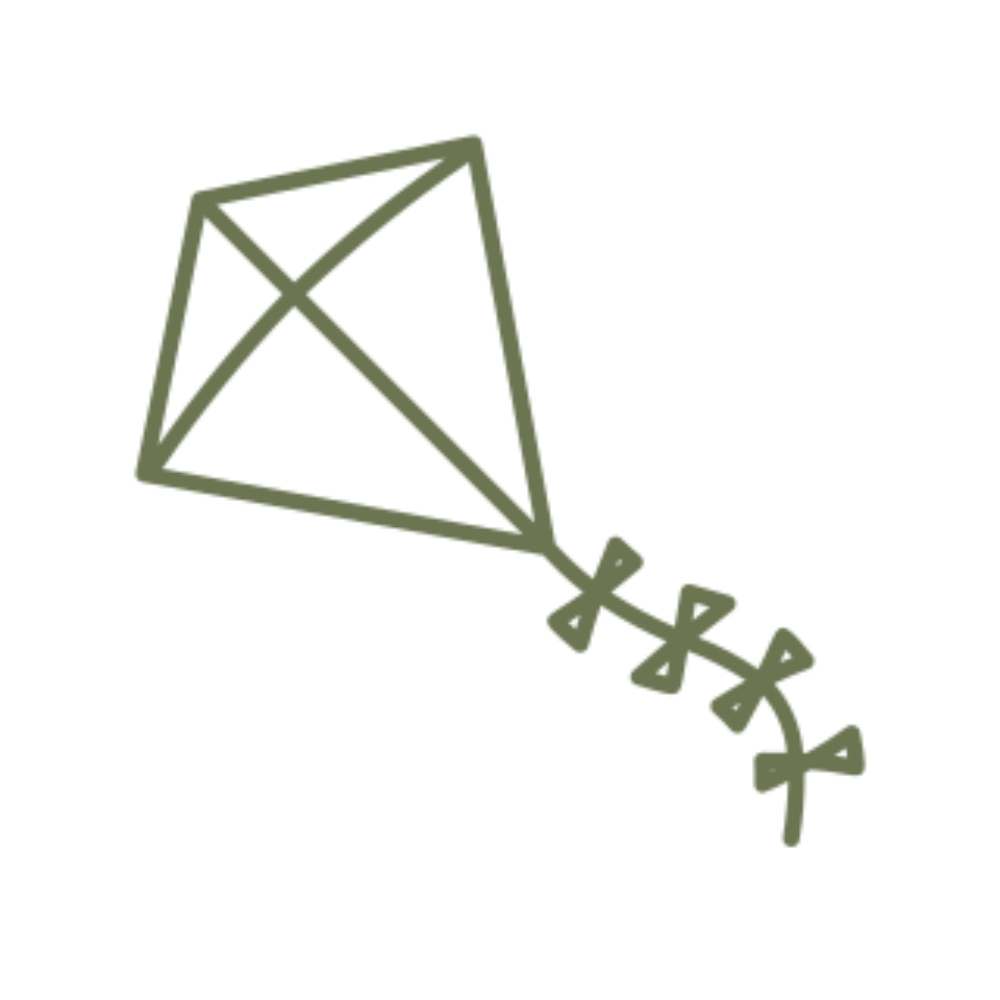 Illustration of a green kite with tail and dowels.