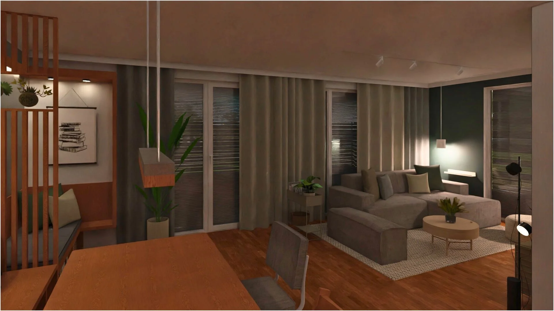 Interior Design Rendering eines Wohnzimmers im skandinavischen Stil mit grüner Wand und heller, minimalistischer Möblierung