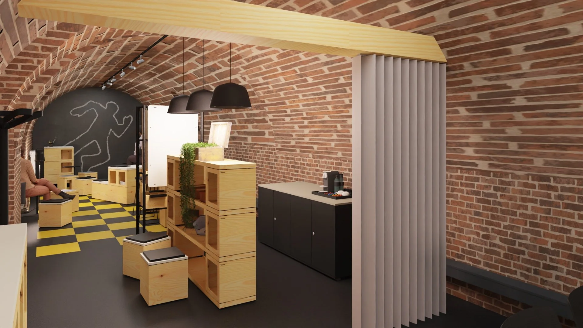 Interior Design Rendering eines kreativen Seminarraums in einem Keller mit Ziegelgewölbe, ausgestattet mit BENE Pixel Möbeln