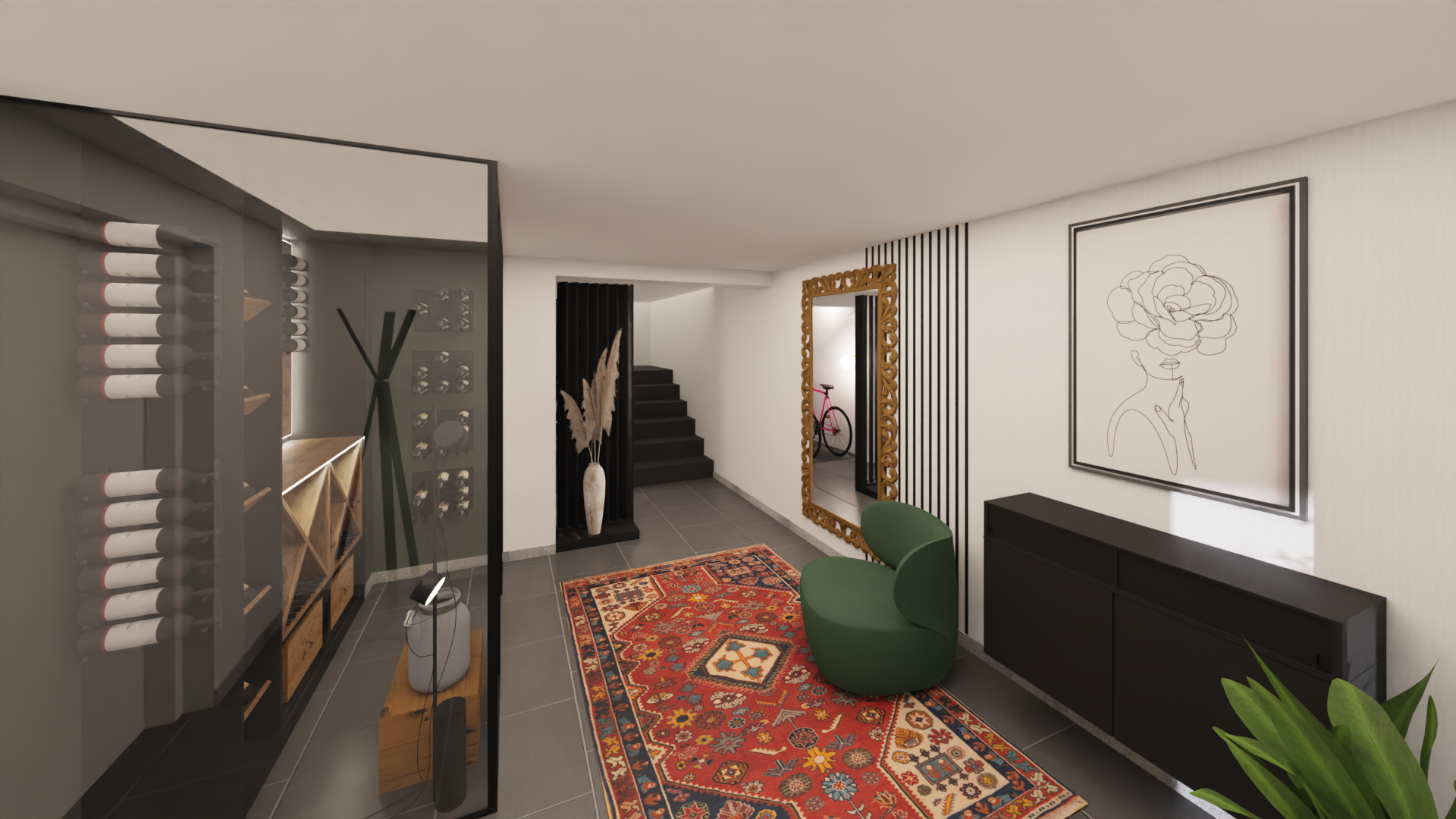 Interior Design - Rendering - Vorraum, Weinkeller mit Lagerung in Graz