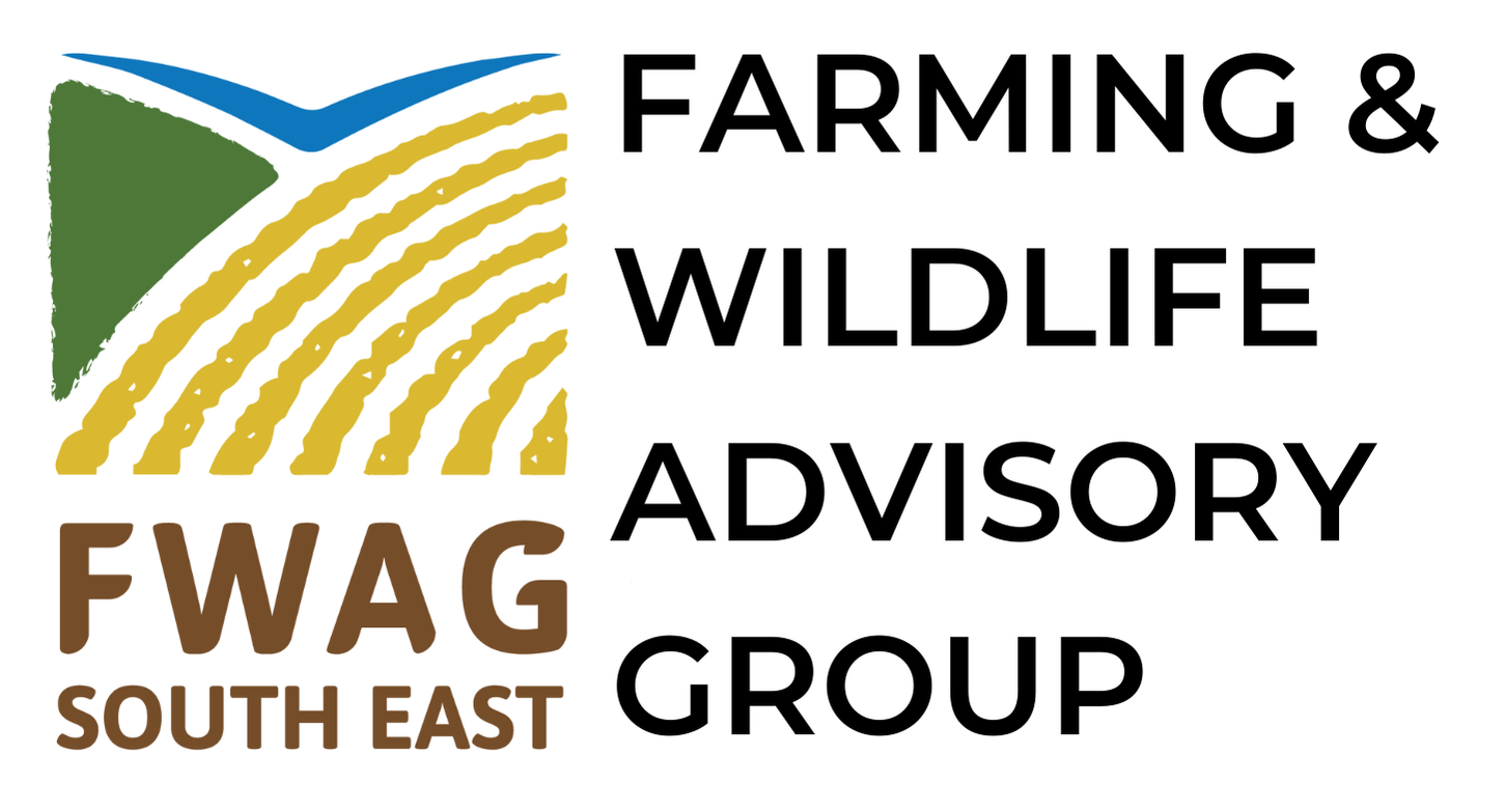 Logo of the Farming and Wildlife Advisory Group South East featuring stylized landscape with green, yellow, and blue elements and text.