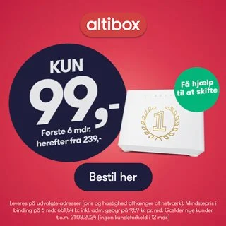 Advertisement for a beauty product subscription service, showing a price of 99.9 NOK for the first 6 months, with an option to switch after. Includes a white box with a gold number 1 on it and a green label with white text.