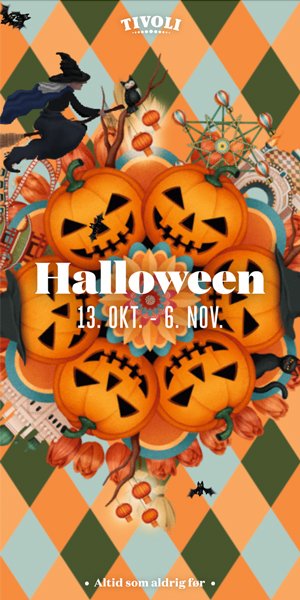 Halloween-themed digital illustration featuring three carved pumpkin jack-o'-lanterns with smiley faces, surrounded by a witch, bats, and various Halloween decorations set against an orange and green diamond-patterned background.