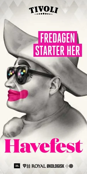 Advertisement featuring a person with exaggerated lipstick and sunglasses, wearing a large hat, promoting Havefest with text in Norwegian and logos of sponsors at the bottom.