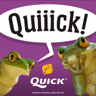 Two frogs with exaggerated expressions and large eyes facing each other, with a speech bubble above them that says 'Quick!' and a small yellow dice below, set against a purple background.