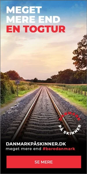 A railway track stretching into the distance during sunset with green fields and trees on either side, and text in Danish promoting Denmark's skin cancer awareness with a red button to see more.