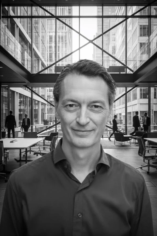 Black and white photo of a man with short dark hair, wearing a dark button-up shirt, smiling slightly, outdoors with blurred background.