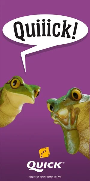 Two animated frogs with speech bubbles, one saying 'Quiick!' on a purple background, with the Quick logo and a yellow die at the bottom.