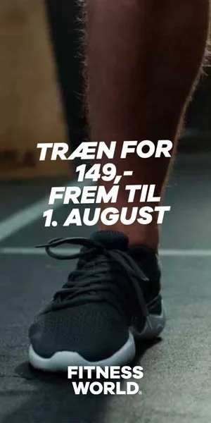 Close-up of a person's leg and foot in a black athletic shoe on a gym floor, with white text overlay advertising a fitness promotion.