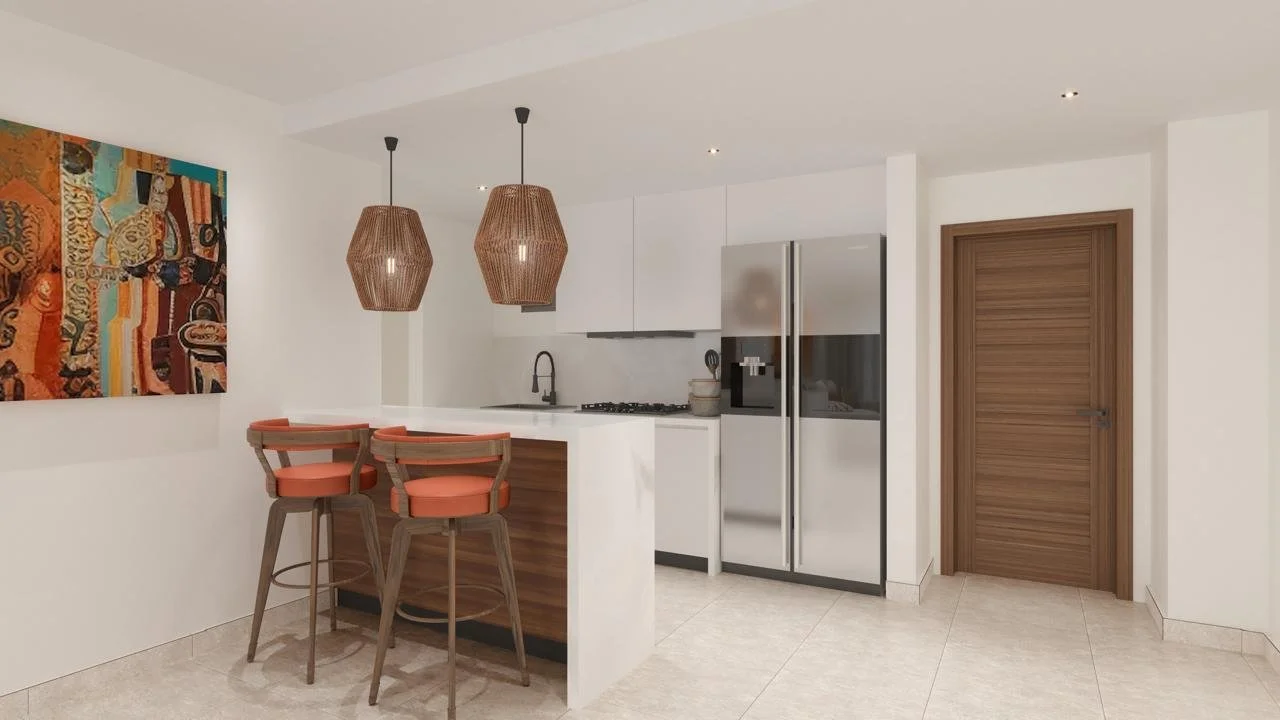 Modern kitchen with white walls, wooden accents, stainless steel refrigerator, and orange bar stools at a white counter with hanging wicker pendant lights.