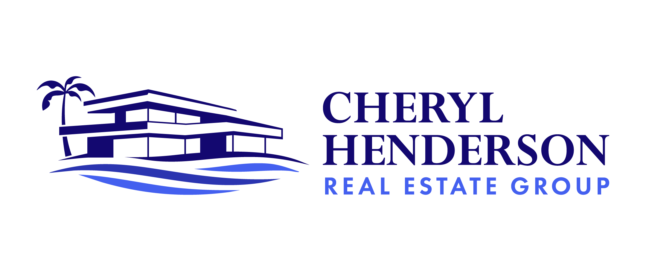 Logo for Cheryl Henderson Real Estate Group featuring a blue outline of a modern house with a palm tree on the left and the company name in navy and light blue text on the right.