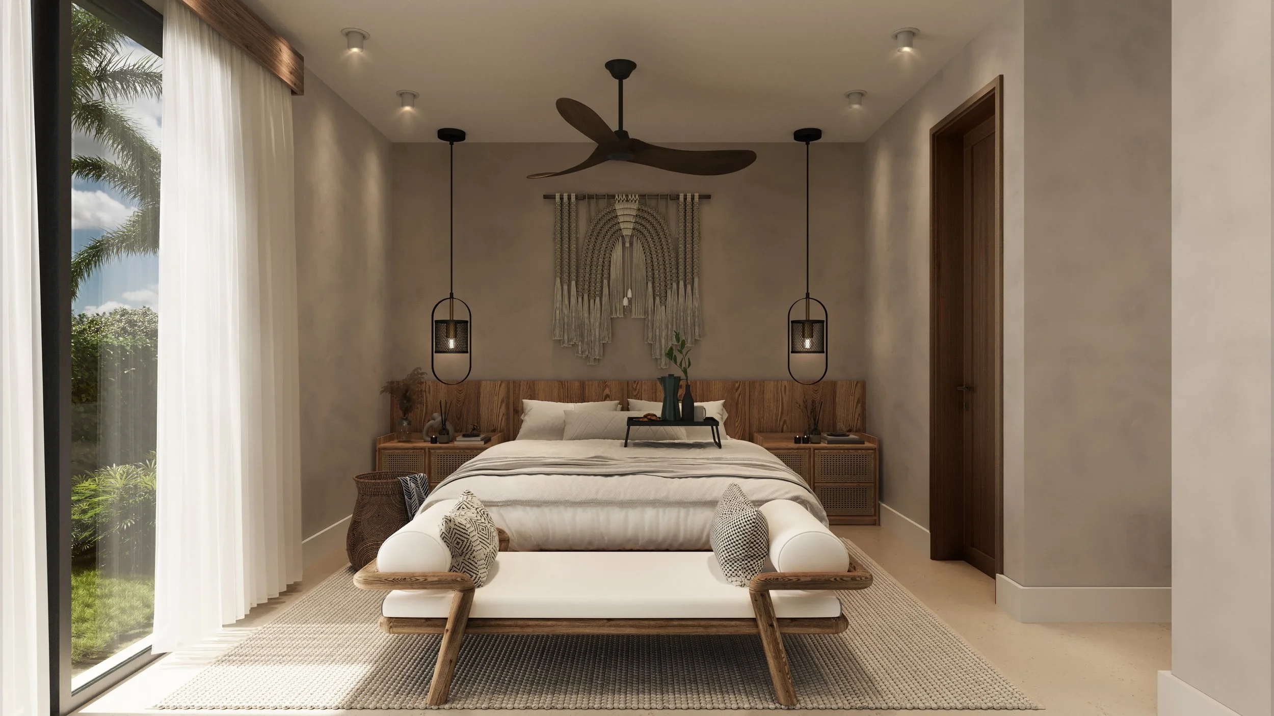Modern bedroom with large bed, wooden headboard, beige bedding, two pendant lights, wall art, and sliding glass door with white curtains opening to outdoor greenery.