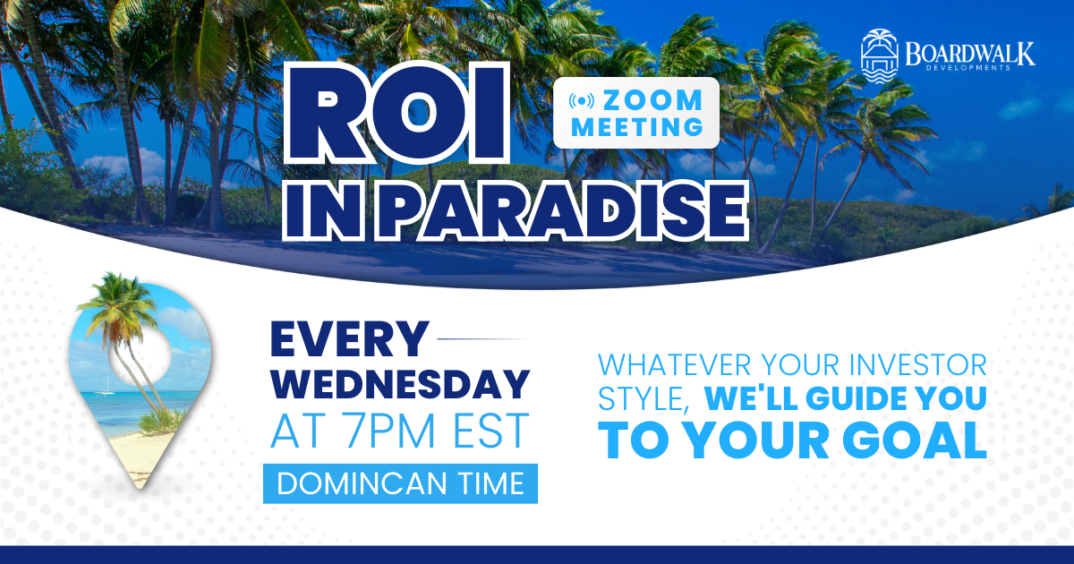 Promotional graphic for a Zoom investor meeting titled 'ROI in Paradise' with a tropical background, palm trees, and a beach scene inside a location pin icon. Details include: every Wednesday at 7 PM EST, Dominic Time, guiding investors toward their goals.