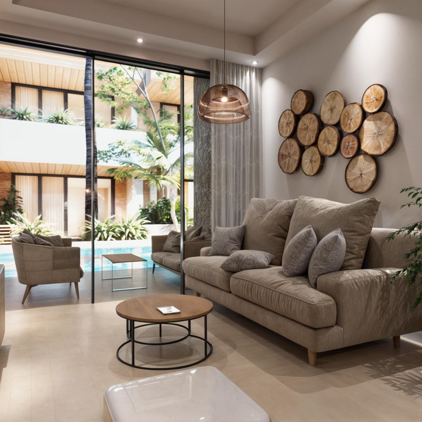 Living room with beige sofa, pillows, wooden wall art, round wooden coffee table, and sliding glass doors opening to a pool and outdoor greenery.