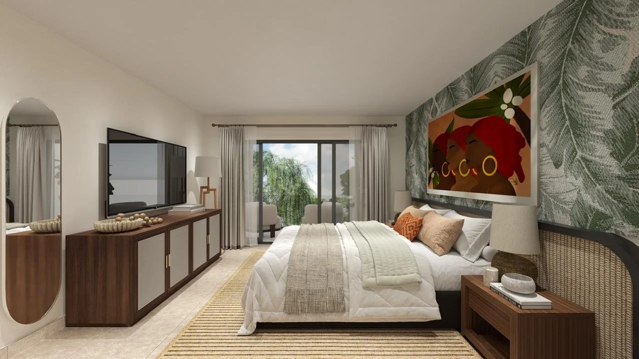 Modern bedroom with a large bed, colorful artwork, sliding glass door to balcony, and tropical-themed wallpaper