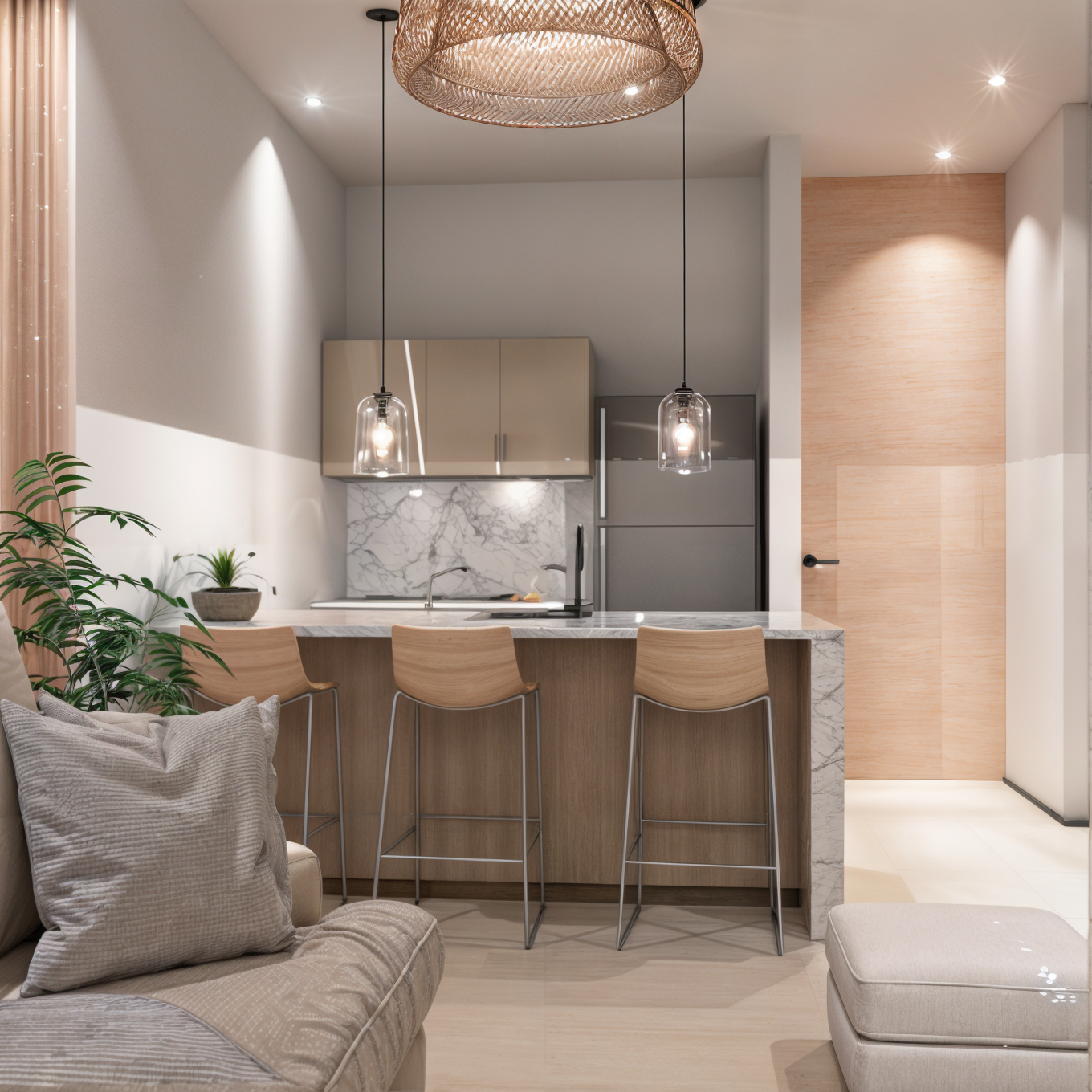 Modern kitchen with a marble island, beige and gray cabinetry, and pendant lighting, adjacent to a cozy living area with beige sofa and pillows, and a potted plant.