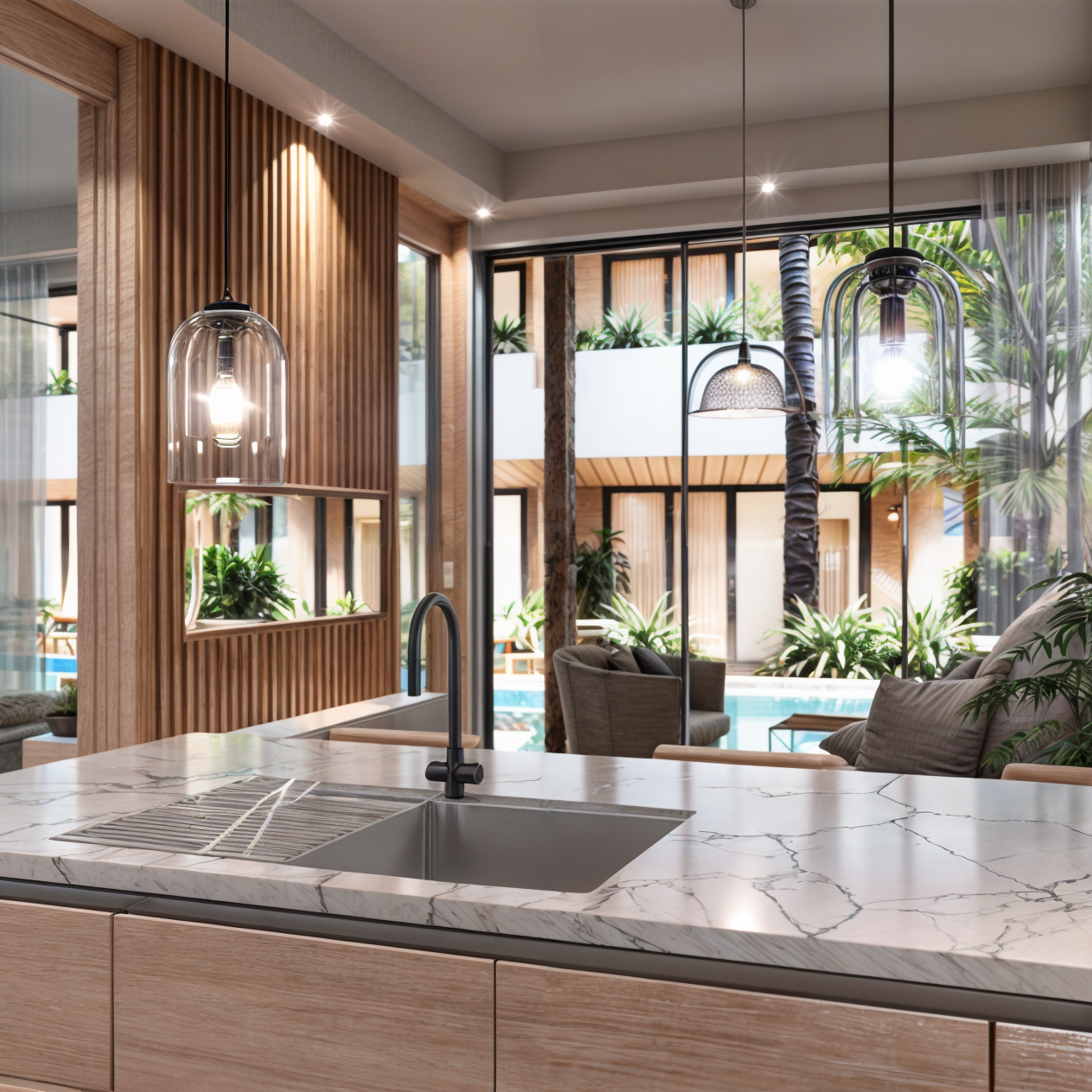 Modern kitchen with marble countertop, black faucet, and hanging light fixtures, overlooking a sunlit lounge area with chairs, green plants, and a swimming pool outside.