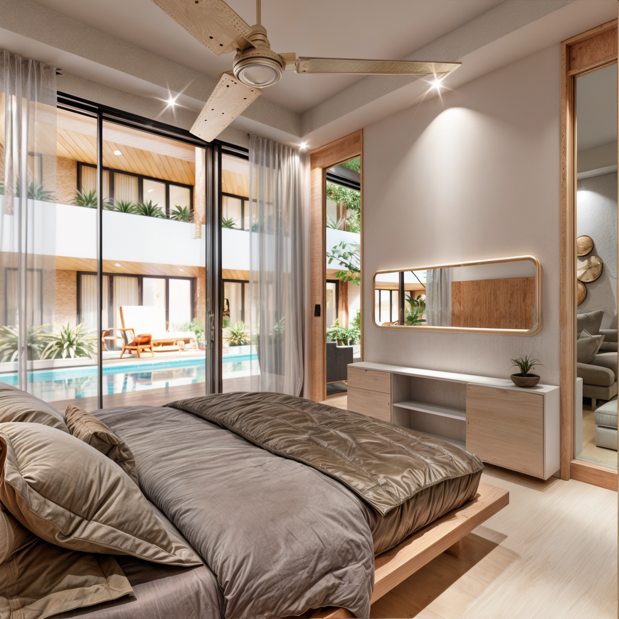 A modern bedroom with a bed featuring beige and taupe bedding and pillows, large sliding glass doors leading to a patio with a pool, and a sleek white and wood dresser with a mirror. The room has natural light and a ceiling fan.