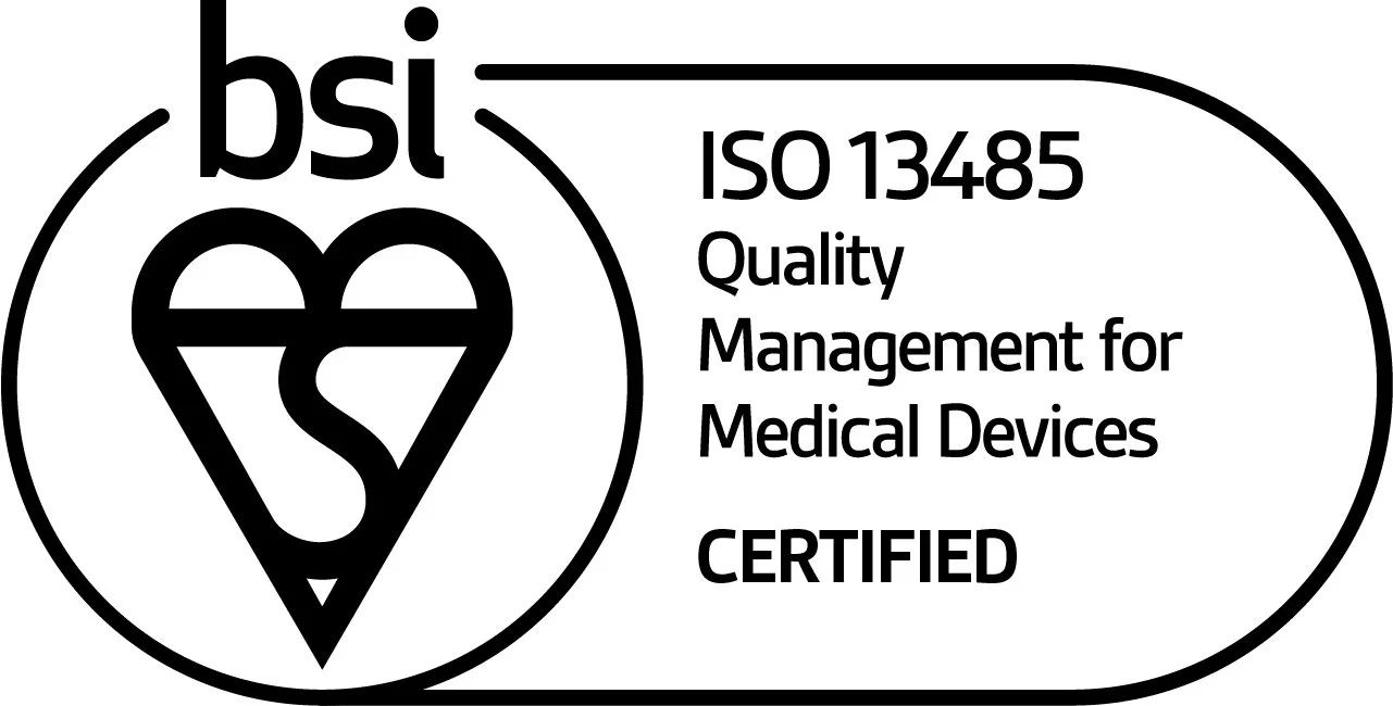 Medical device certification logo with IS0 13485 quality management standard text.