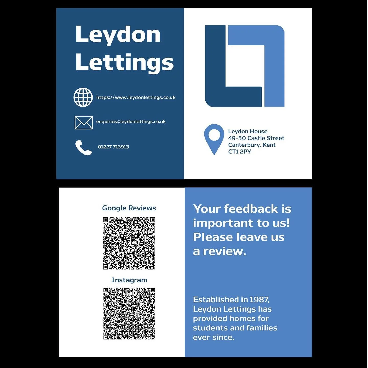 One thousand new business cards will be printed this week for @leydonlettings! They will feature rounded edges to match the logo, and the logo itself will be raised for a more premium finish. There is a 3 mm bleed on the product, so please disregard 