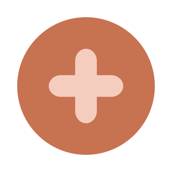 Symbol eines Pluszeichens innerhalb eines braunen Kreises, wahrscheinlich ein Button für Addition oder Verstärkung.