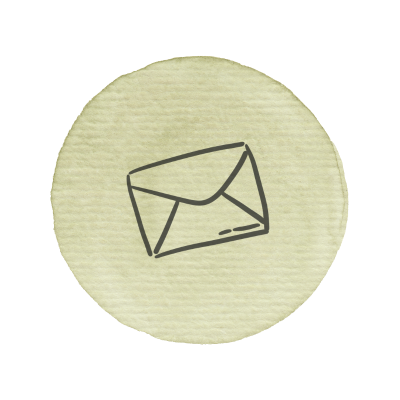Ein einfacher Strichzeichnungs-Icon eines Briefumschlags auf einem beige, runden Hintergrund.