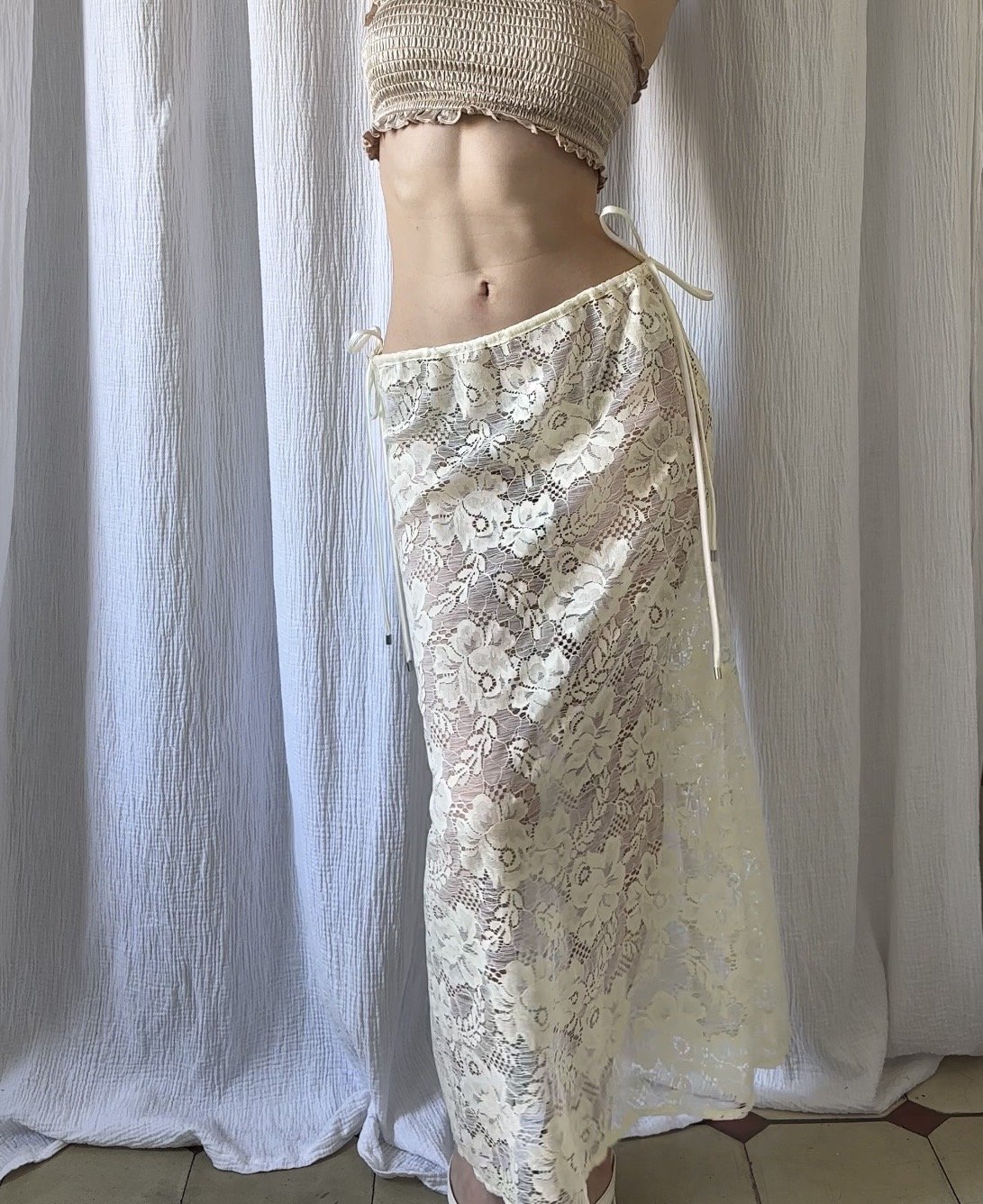 Butter Yellow Vintage Floral Lace Full Length Skirt