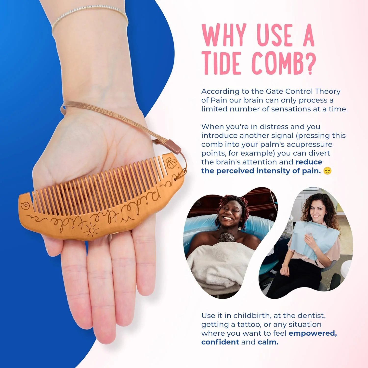 “ride the tide” labor comb with wrist strap