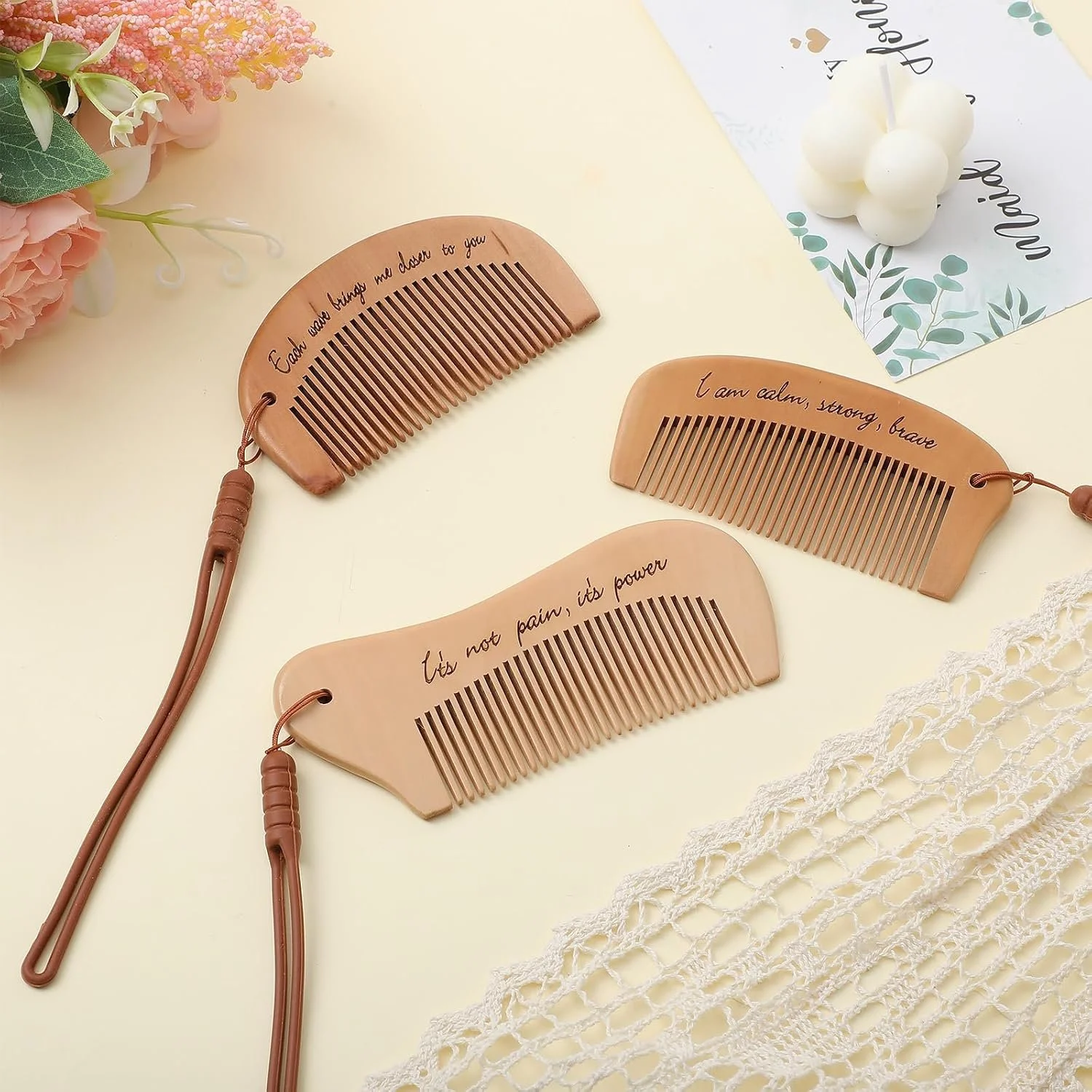 3 pack of multi shaped birth combs with wrist strap
