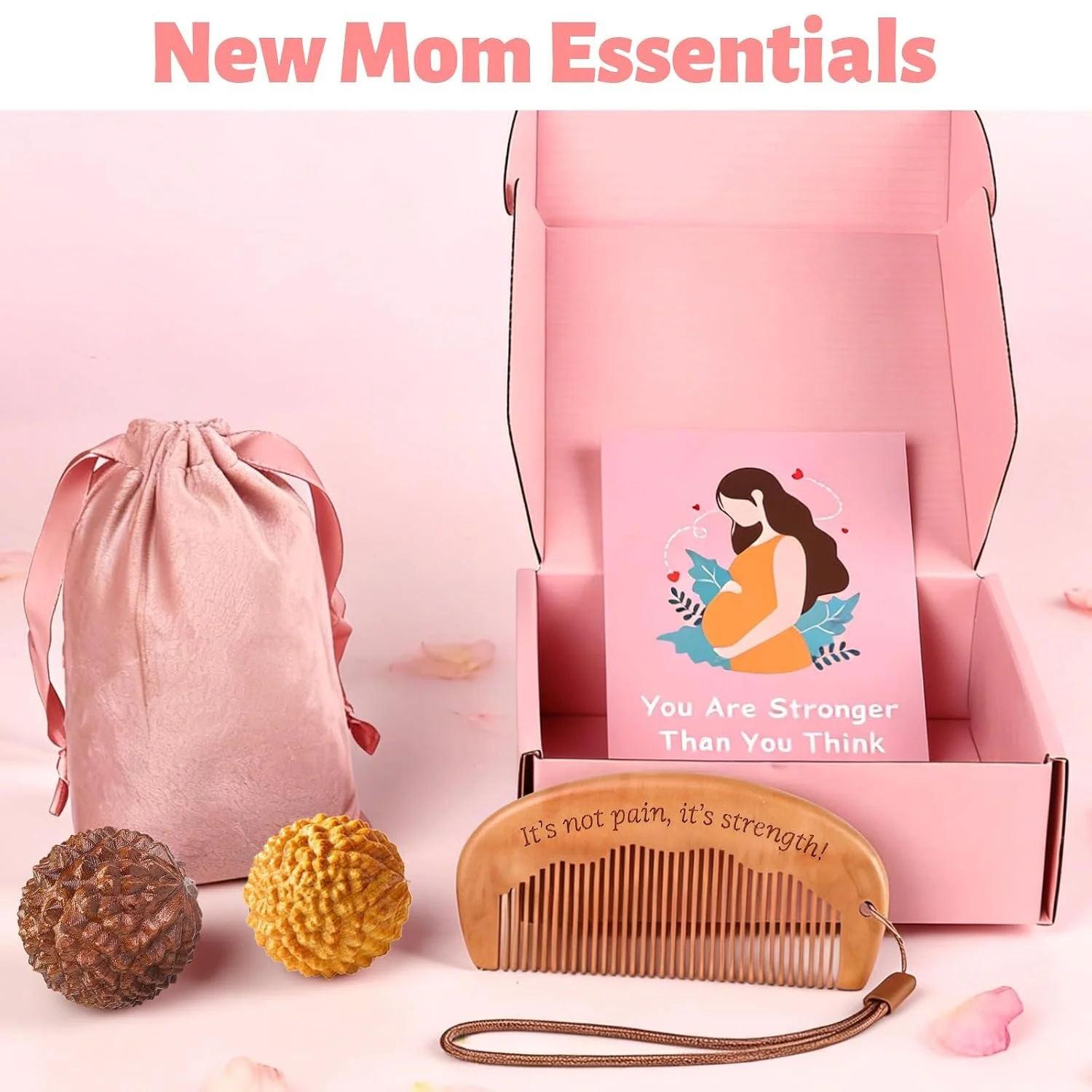 “Its not pain, its strength” labor comb with wooden massage/sensory balls